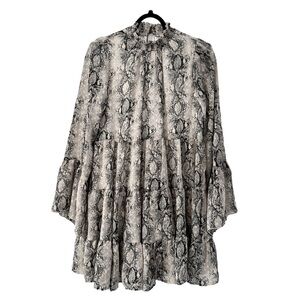 Altar'd State Snakeskin Tiered Mini Dress Small Bell Sleeve Boho Gypsy Babydoll